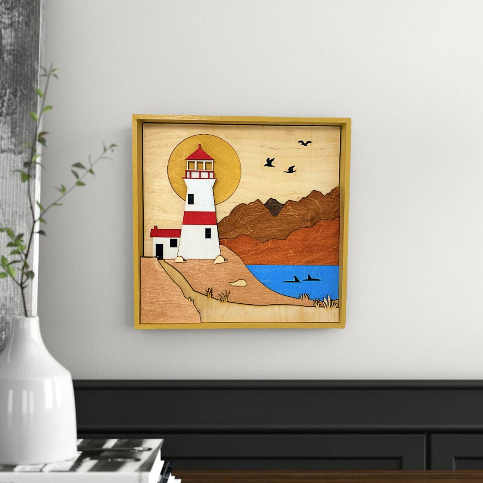 Primary image for Wall Art Decor Lighthouse on the Cliff Landscape Wood Sculpture 3D