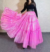 Hot Pink Fluffy Satin Maxi Skirt Women Custom Plus Size Tiered Satin Party Skirt image 3
