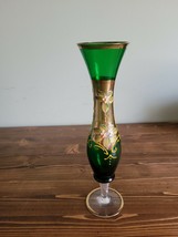 Bohemian Art Glass green Hand Painted Enamel Flowers Gilded Vase 10&quot; - £32.86 GBP