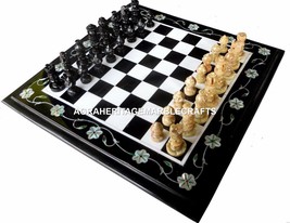 18&quot; Chess Marble Table Marquetry Inlay Floral Art Living Room Decor Gift H4465A - £450.47 GBP