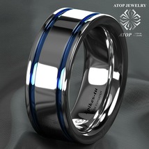 8Mm Men&#39;s Tungsten Carbide ring Double Blue Stripe Wedding Band Ring Comfort Fit - £21.12 GBP