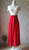 Red Long Double Slit Skirt Outfit Women Plus Size Party Skirt with Belt image 1
