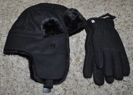 Mens Hat Trapper &amp; Fleece Touchscreen Gloves Black Chaps Wool Blend $84 sz S/M - £28.09 GBP