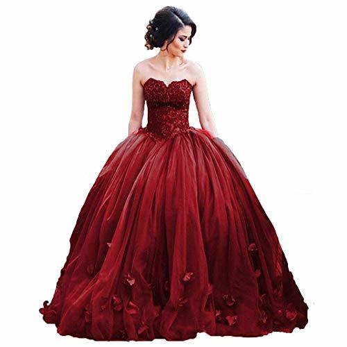 Women Long Ball Gown Tulle Floral Beaded Lace Formal Prom Dress Burgundy US 8