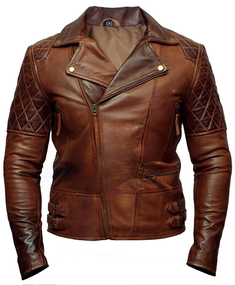 Men's Vintage Style Quilted Motorcycle Biker Brown Leather Jacket