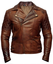 Men&#39;s Vintage Style Quilted Motorcycle Biker Brown Leather Jacket - £38.44 GBP+