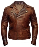 Men&#39;s Vintage Style Quilted Motorcycle Biker Brown Leather Jacket - £38.75 GBP+