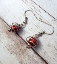 Vintage Earrings for Pierced Ears Red Bell with Silver Tone Swirl - £10.35 GBP