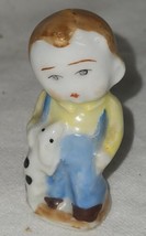 Vintage Cute Occupied Japan Little Ceramic boy with Dog Bib Overalls 2.2... - $14.99