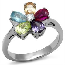 Multi Color CZ Flower Ring Stainless Steel TK316 - £13.63 GBP