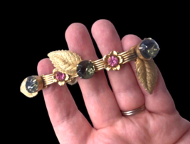 VTG Bracelet Gold Leaf Blue PInk Rhinestone Jewels Costume Jewelry Statement - £58.70 GBP