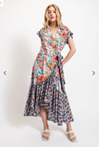 Beautiful Boho Style Faux Wrap Blue Floral Print Smocked Waist Maxi Dres... - $49.95