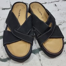 Thorn McAn Sandals Womens Sz 7.5 Black Leather Slip-On Slides - £15.78 GBP