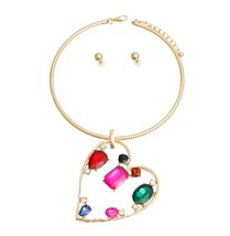 Heart Shape CutOut Multi Color Crystal Gold Plated Rigid Collar Necklace Set 18&quot; - £44.00 GBP