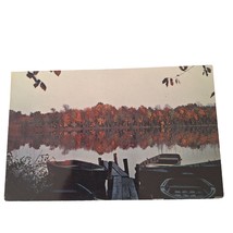 Postcard Autumn Fall Leaves Lake Boats Dock Scenic View Chrome Unposted - $6.92