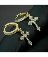 Unisex Dangle Hanging Cross Huggie Drop Hoop Earrings 14K Yellow Gold Pl... - €43,11 EUR