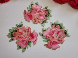 3pc/set, Fashion Pink flower patches, Iron on embroidered Peony patches  - $9.89