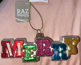 Raz Imports Word MERRY Christmas Glass Ornament Sparkly Colorful NWT 5” - £12.48 GBP