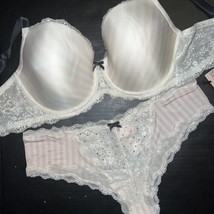 Victoria&#39;s Secret 38DD Bra Set L Panty Striped Pink Gold Fashion Show London - £90.55 GBP