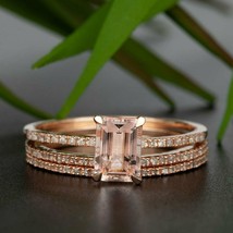 2Ct Emerald Cut Peach Morganite 14k Rose Gold Over Anniversary Trio Ring Set - £81.49 GBP