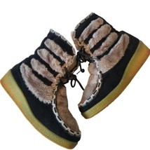 Vintage 7.5 Boots Black Suede Faux Fur Shearling  Wedge Apres Ski Boho Festival - $62.70