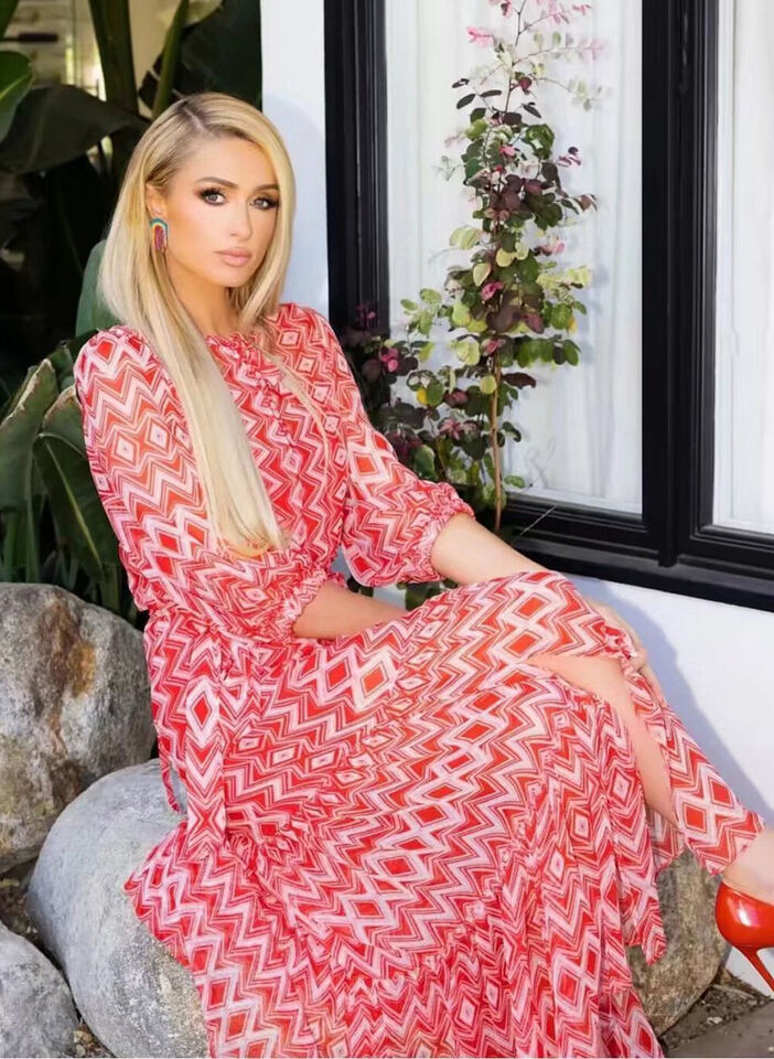 Celeb Paris Hilton Inspired Geo Printed Elbow Sleeve Fit-and-Flare Tiered Dress Item image 3