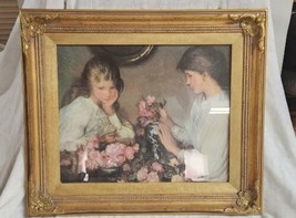 Vintage G. Clausen Print Ornate Wood Frame Girls Arranging Flowers 21.5x18.5 - £79.91 GBP