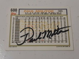Paul Molitor Milwaukee Brewers 1992 Topps Gold Autograph Card #600 READ DESCRIP - £11.67 GBP