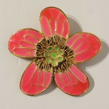 VTG 1960s Enamel Bright Pink Green Flower Statement Brooch Pin Goldtone Filigree - £18.50 GBP