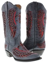 Womens Western Wear Boots Denim Blue Leather Red Sequins Inlay Wings Snip Toe - $82.45