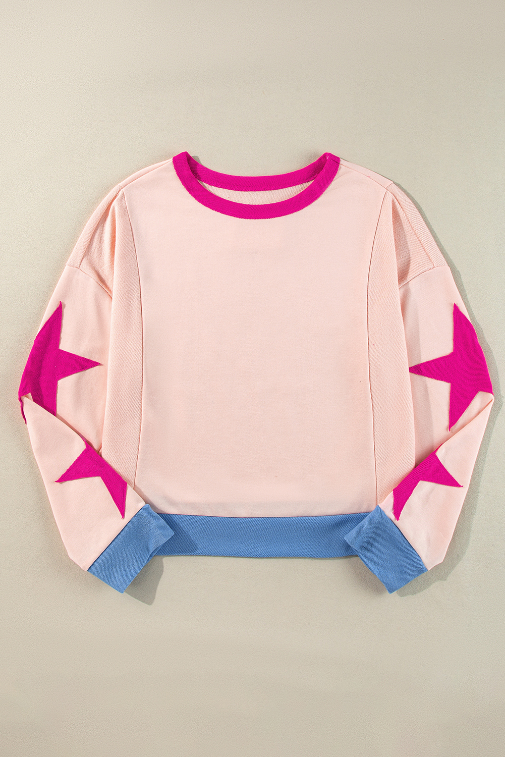 Light Pink Star Patchwork Exposed Seam Oversized Sweatshirt - $25.41