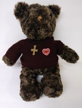 Bear Brown Stuffed Animal Sweater And Wooden Cross type necklace 19&quot; - $24.00
