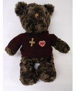 Bear Brown Stuffed Animal Sweater And Wooden Cross type necklace 19&quot; - £18.87 GBP