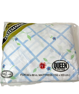 Vintage 1980s White Blue Flower Floral Queen Fitted Sheet No Iron NEW in... - $24.95