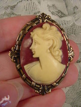 (CS26-5) Left Facing Mature LADY burgundy + ivory CAMEO leaf brass Pin Pendant - £22.79 GBP