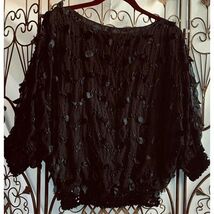 Siasia New York Vintage Black Sequin Ribbon Applique Batwing Blouse Small - $14.85