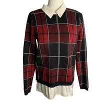 Tahari Layered Look Flannel Sweater M Red Plaid Long Sleeve Collar Keyho... - $25.97