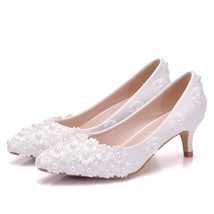 Crystal Queen White Beading Flowers High Heels Wedding Shoes 5CM Heels Bridal Pu - £27.68 GBP