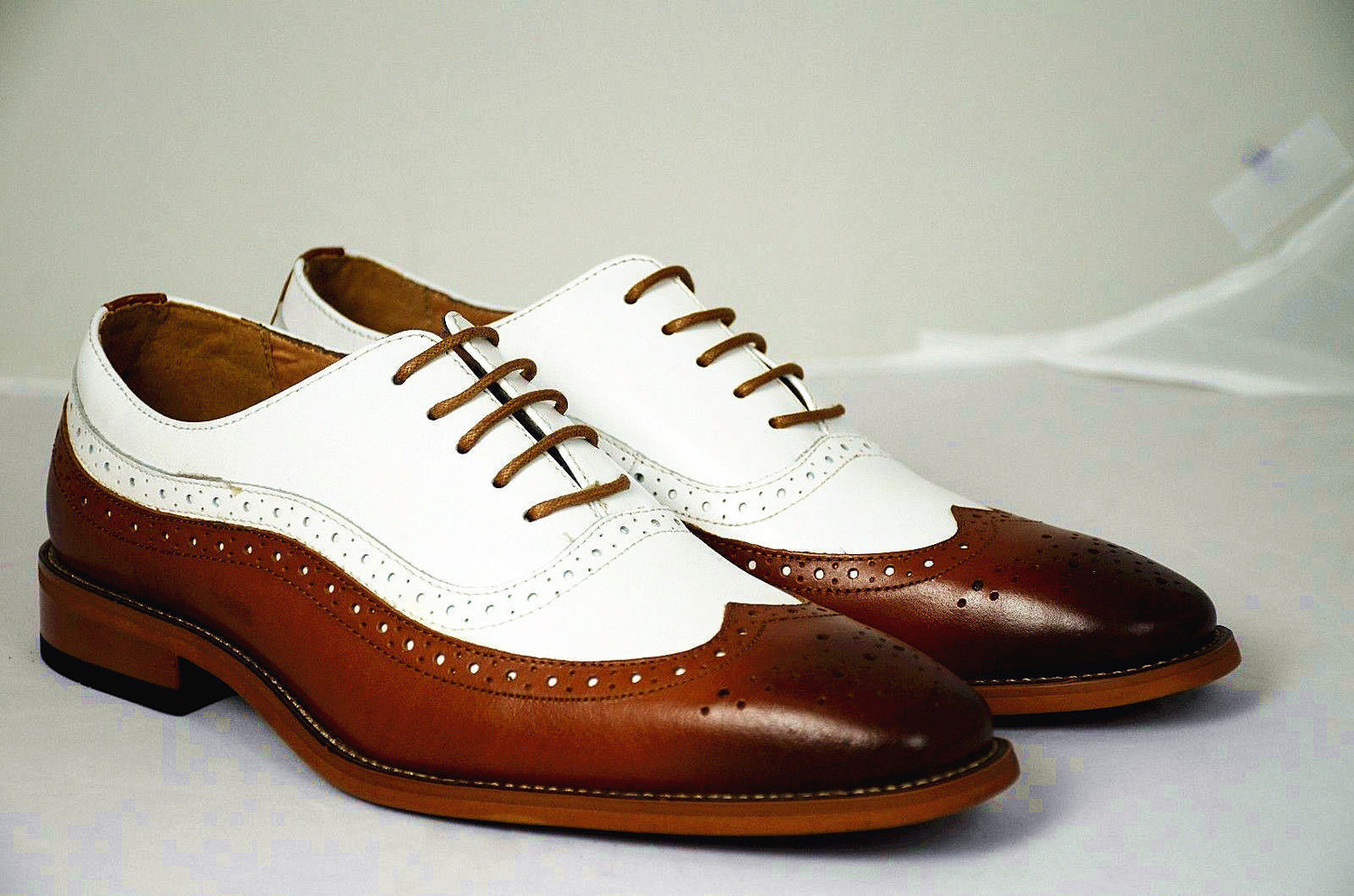 Men Brown White Cont Burnished Brogue Toe Wing Tip Oxford Leather Shoes US 7-16