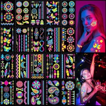 20 Sheets Glow under UV Blacklight Neon Temporary Tattoo 160 Styles Neon Accesso - £19.99 GBP