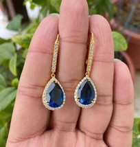 4Ct Pear Cut Simulated Blue Sapphire Drop Dangle Earrings 14K Yellow Gold Plated - £46.17 GBP