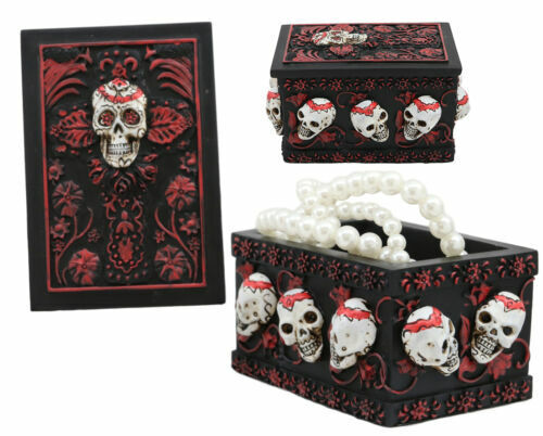 Day Of The Dead Red Floral Sugar Skull Small Stash Jewelry Box 4.25&quot;L Fi... - $26.99