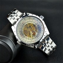 JARAGAR Golden Skeleton Watches Men Brand Silver Stainless Steel Auto Self-wind  - £50.45 GBP