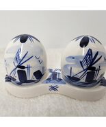 Delft Blue Hand Painted Egg Salt &amp; Pepper Shakers Set w/Underplate VTG W... - €10,13 EUR