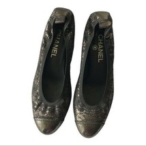 Chanel Escarpins Black Gold Metallic Block Heel Pumps Size 37.5 - $631.13