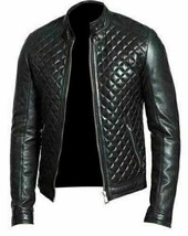 Mens Quilted Motorcycle Cafe Racer Black Biker Real Leather Jacket Biker... - $137.42