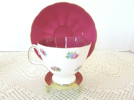 CROWN FLORAL CHINA TEACUP AND SAUCER MAGENTA WITH COLORED FLOWERS ENGLAND - £11.64 GBP