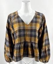 Altar&#39;d State Flannel Top Size S Mustard Yellow Navy Blue Plaid Balloon Sleeve - £19.42 GBP