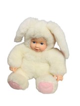 Vintage Anne Geddes Bear Plush Baby Doll Smiling 8 Inch Sit White Fur Bunny Ears - £14.90 GBP