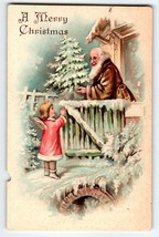 Santa Claus Christmas Postcard Brown Suit Angel Girl Snow Covered Trees ... - $18.53